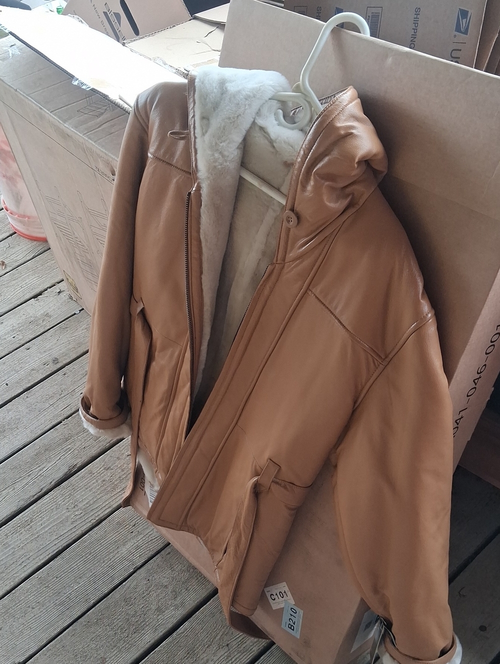 Men's Hooded Shearling-Trim Leather Puffer Jacket - Tan